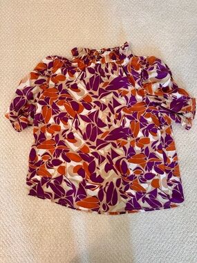 THML Purple Orange Cream Leaf-Print Ruffle Top